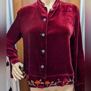 Red Velvet Button Up with Embroidered Floral Details Small